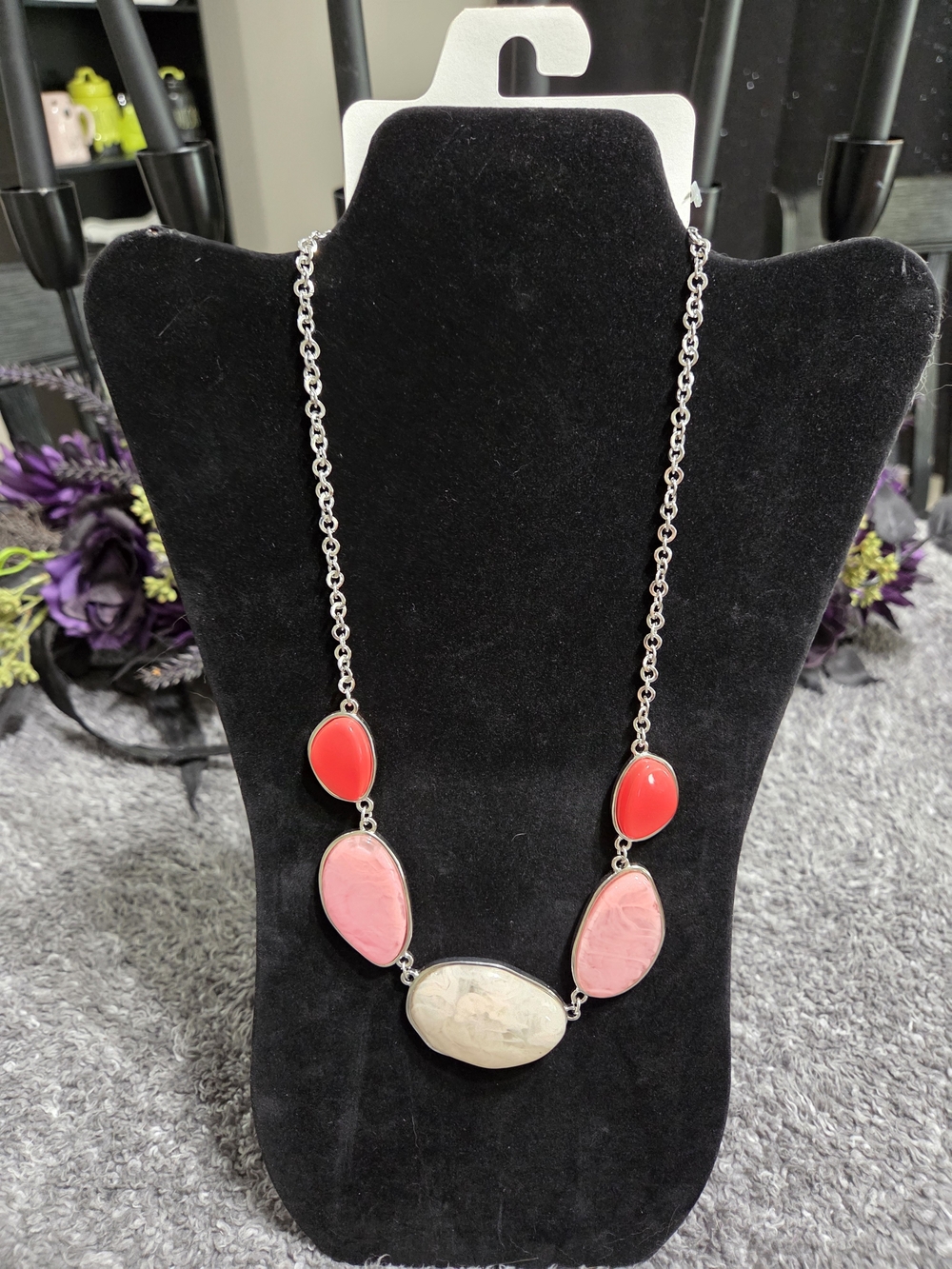 Silver Chain Statement Necklace with Red, Pink & Cream Stones